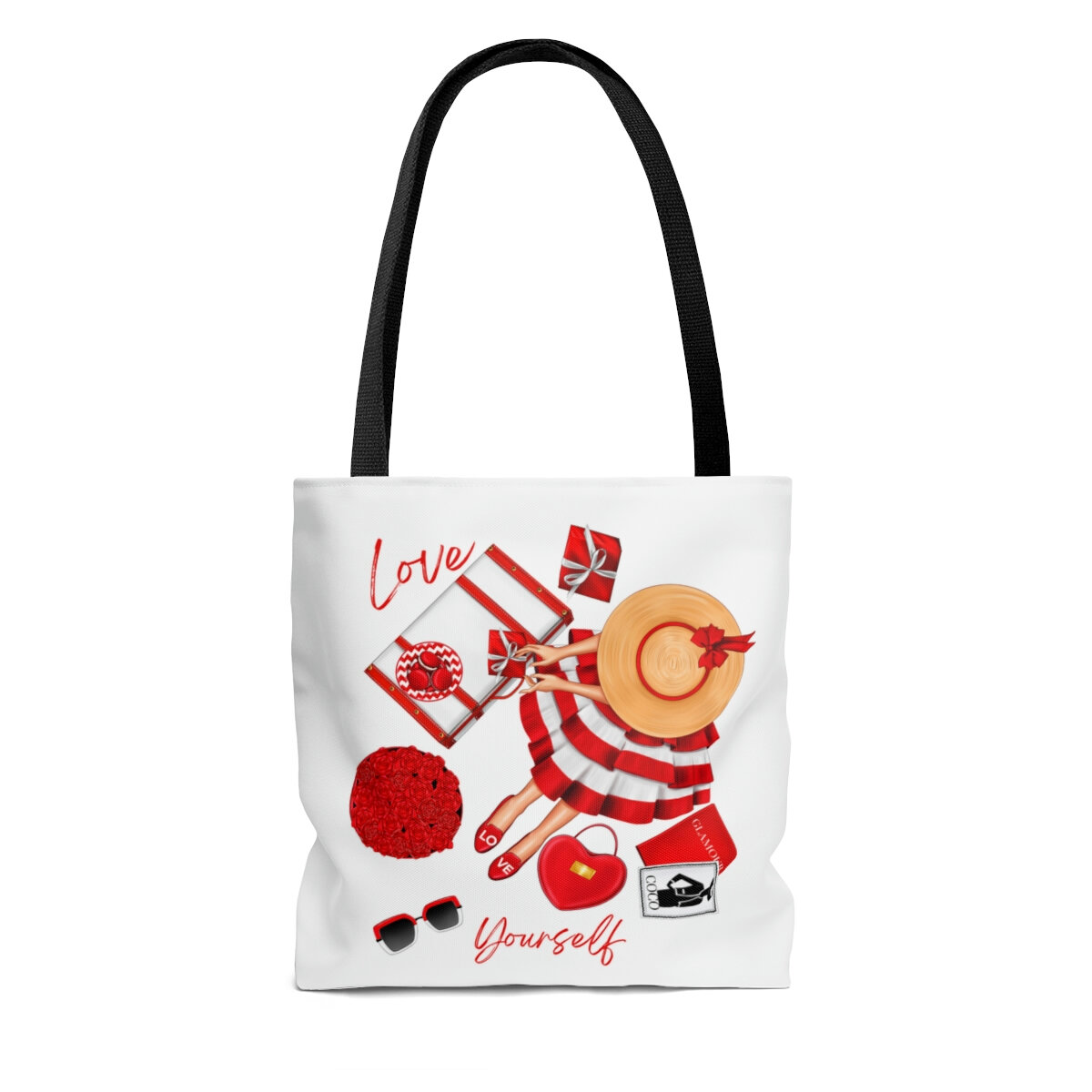 Love Yourself Red White Fashion Dress Girl Illustration Black Handle Tote