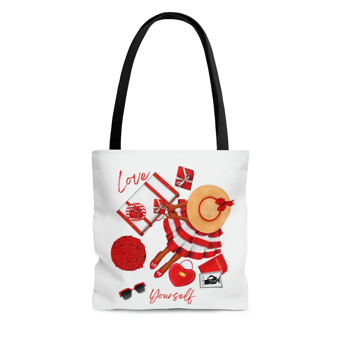 Love Yourself Red White Fashion Dress Girl Illustration Black Handle Tote African American