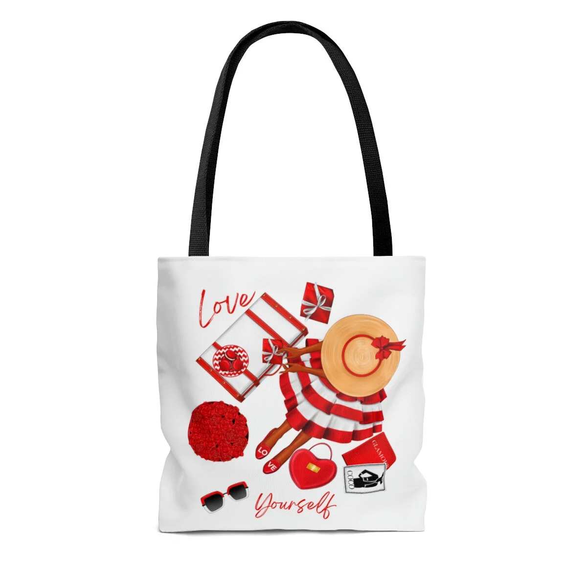 Love Yourself Red White Fashion Dress Girl Illustration Black Handle Tote African American