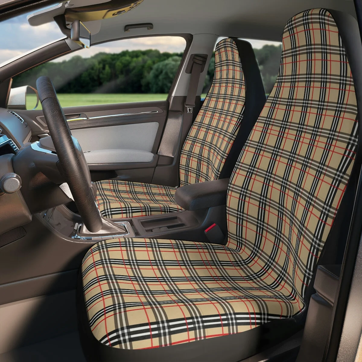 Fashion Tan Plaid Tartan Polyester Car Seat Covers