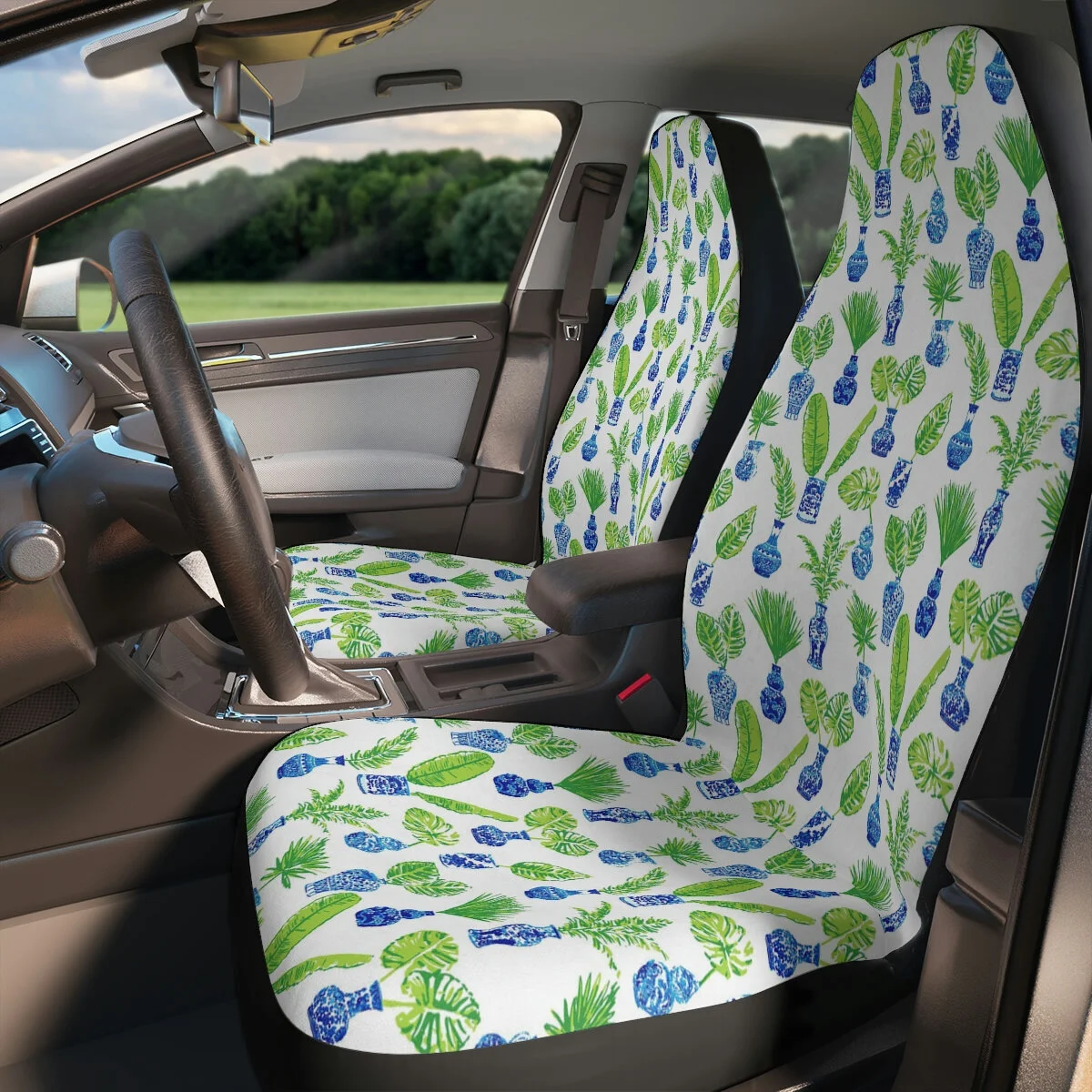 Preppy Blue Vase and Green Palms Leaves Polyester Car Seat Covers