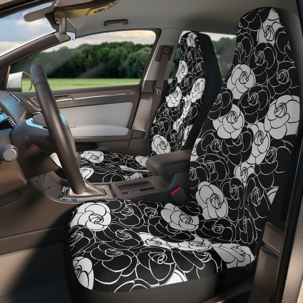 Black White Coco Camellia's Polyester Car Seat Covers