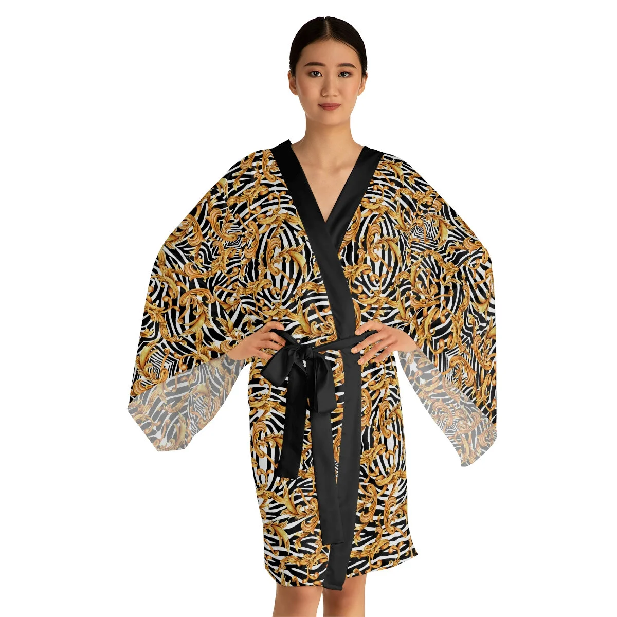 Fashion Zebra Gold Baroque Fleur Long Sleeve Kimono Robe