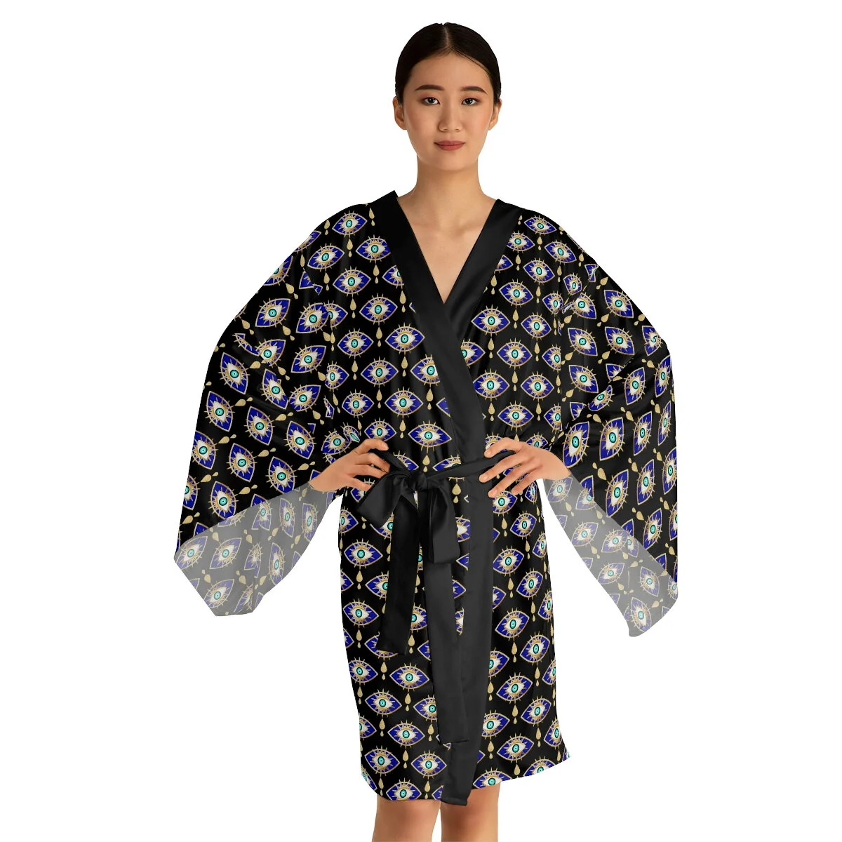 Black Evil Eyes Long Sleeve Kimono Robe