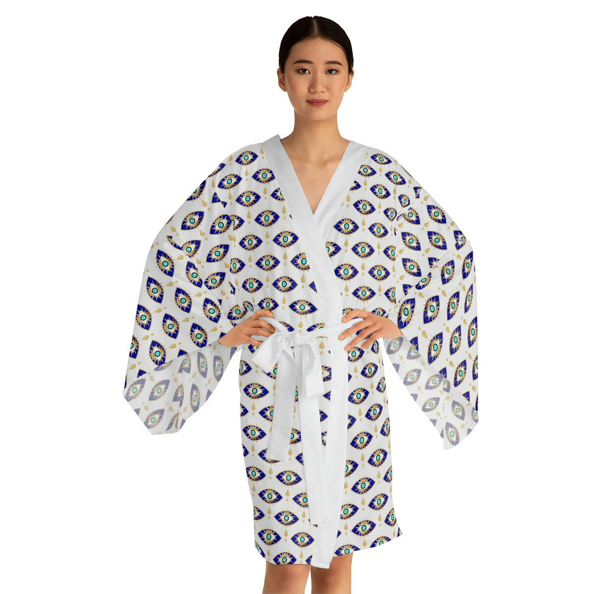 White Evil Eyes Long Sleeve Kimono Robe