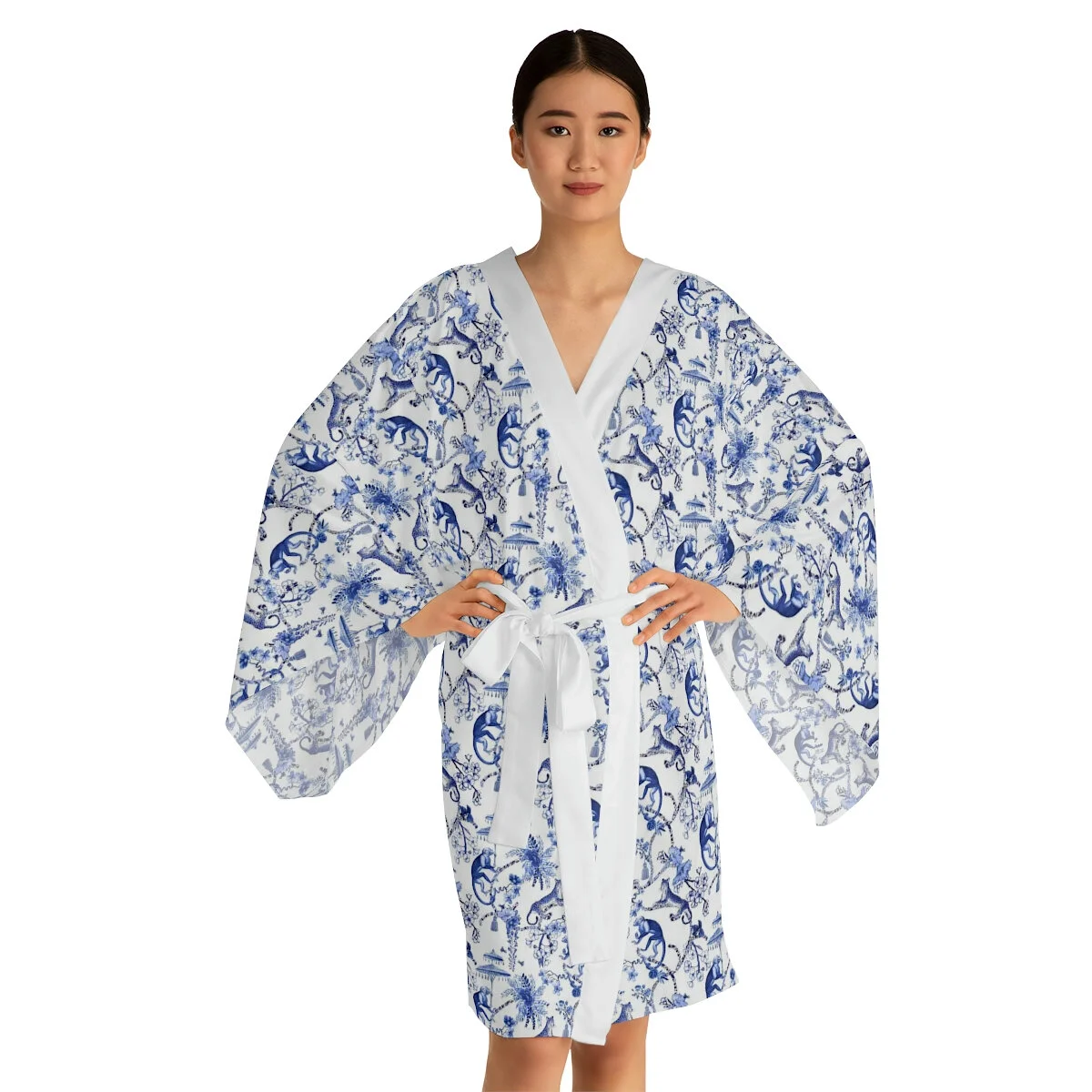 Preppy Chinoiserie Smaller Monkey and Leopard Long Sleeve Kimono Robe