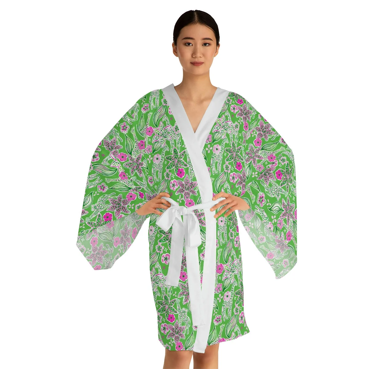 Preppy Green Pink Giraffe Long Sleeve Kimono Robe