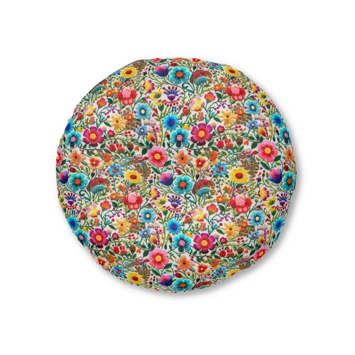 Mexican Flowers Embroidery Style Tufted Floor Round Pillow