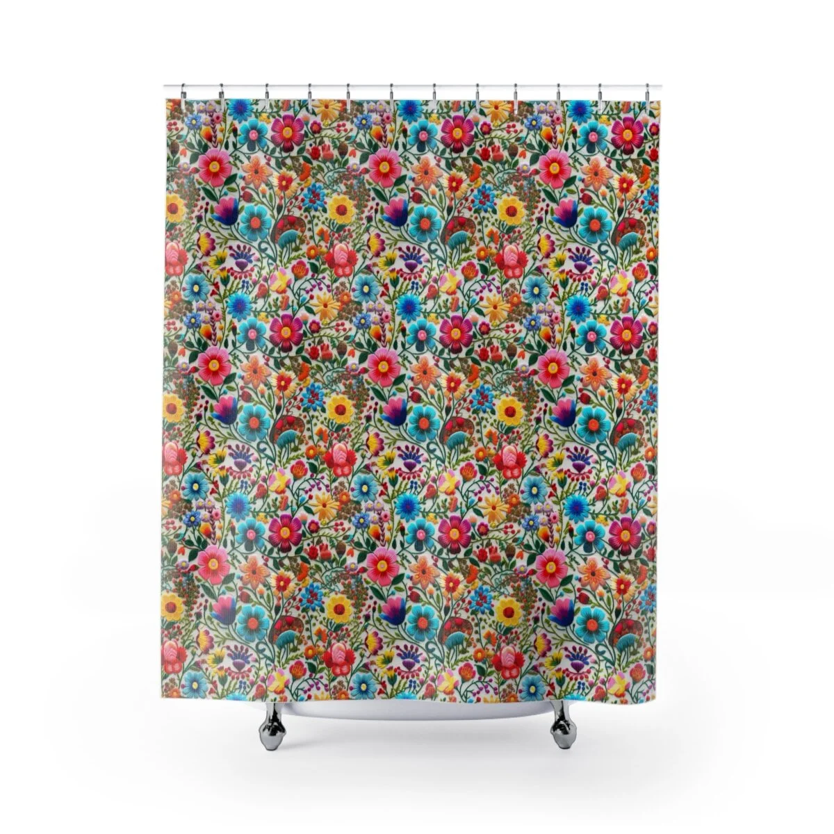 Mexican Flowers Embroidery Style Shower Curtain