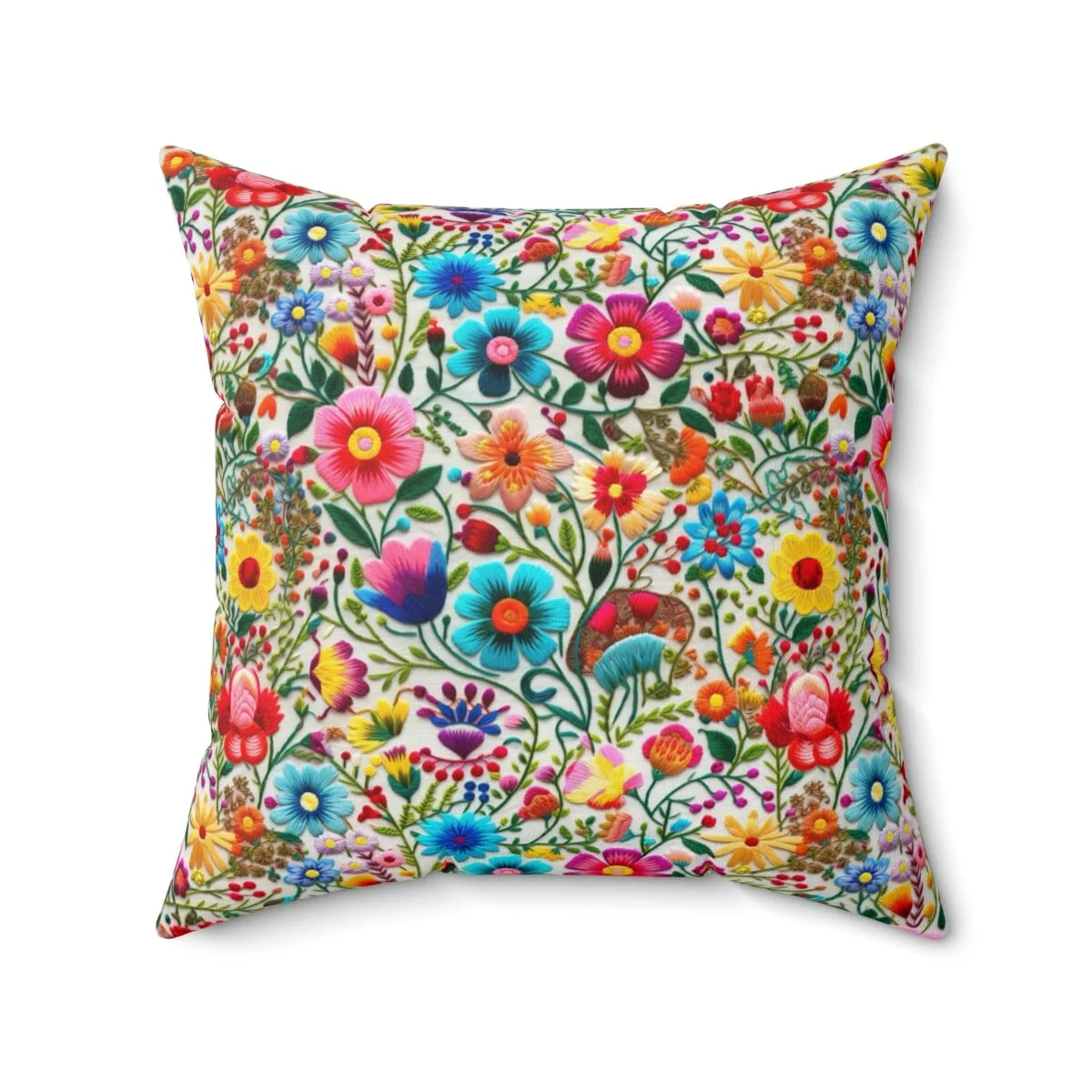 Mexican Flowers Embroidery Style Square Pillow