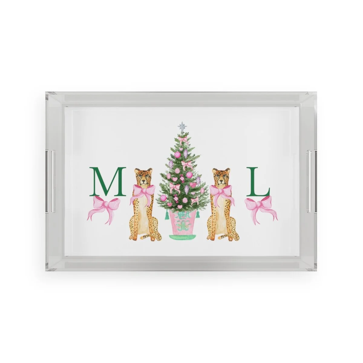 Preppy Pink Christmas Cheetah Personalized  Acrylic Tray THEZEBRALADY.com