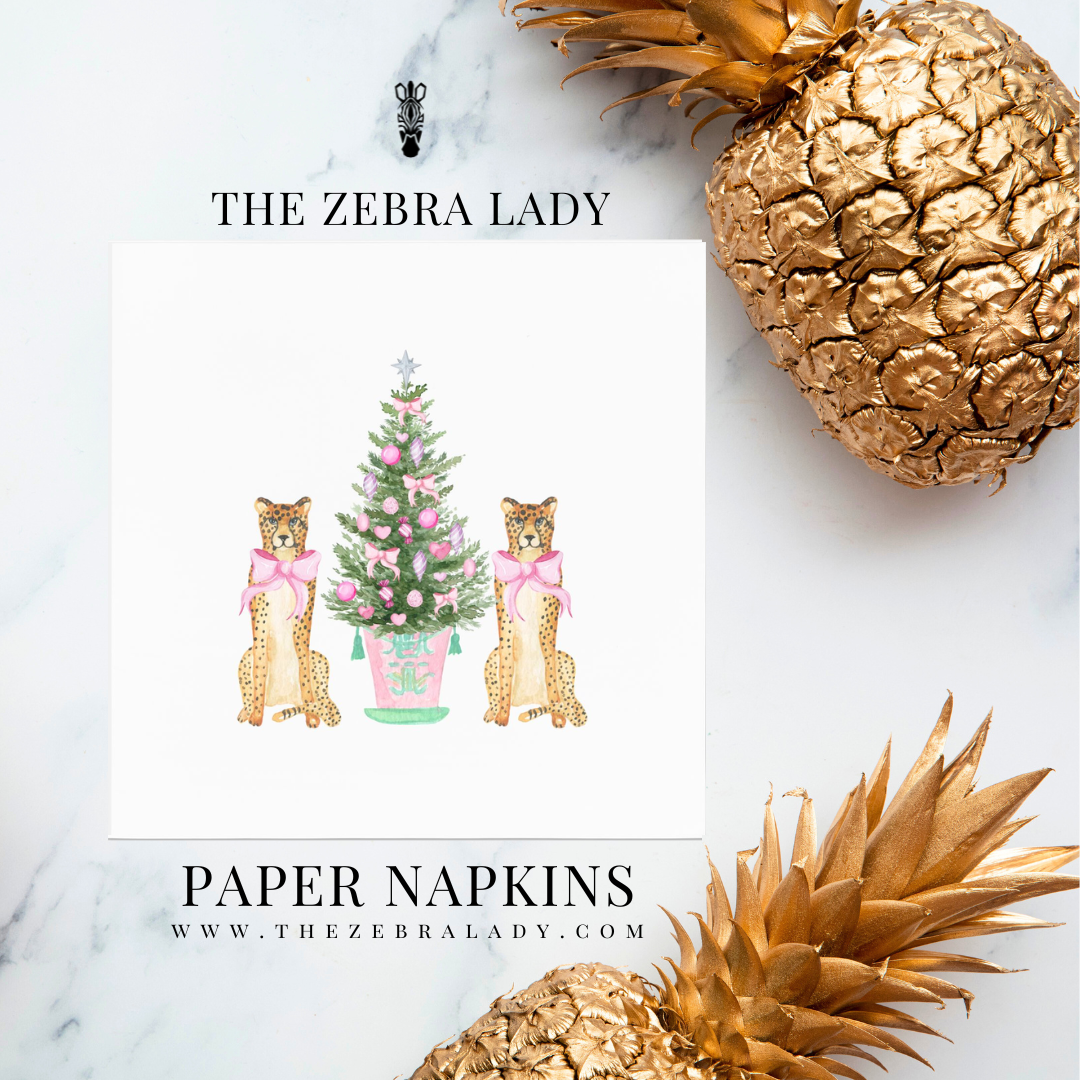 Preppy Pink Cheetah Leopard Christmas Tree Luncheon & Cocktail Beverage Napkins
