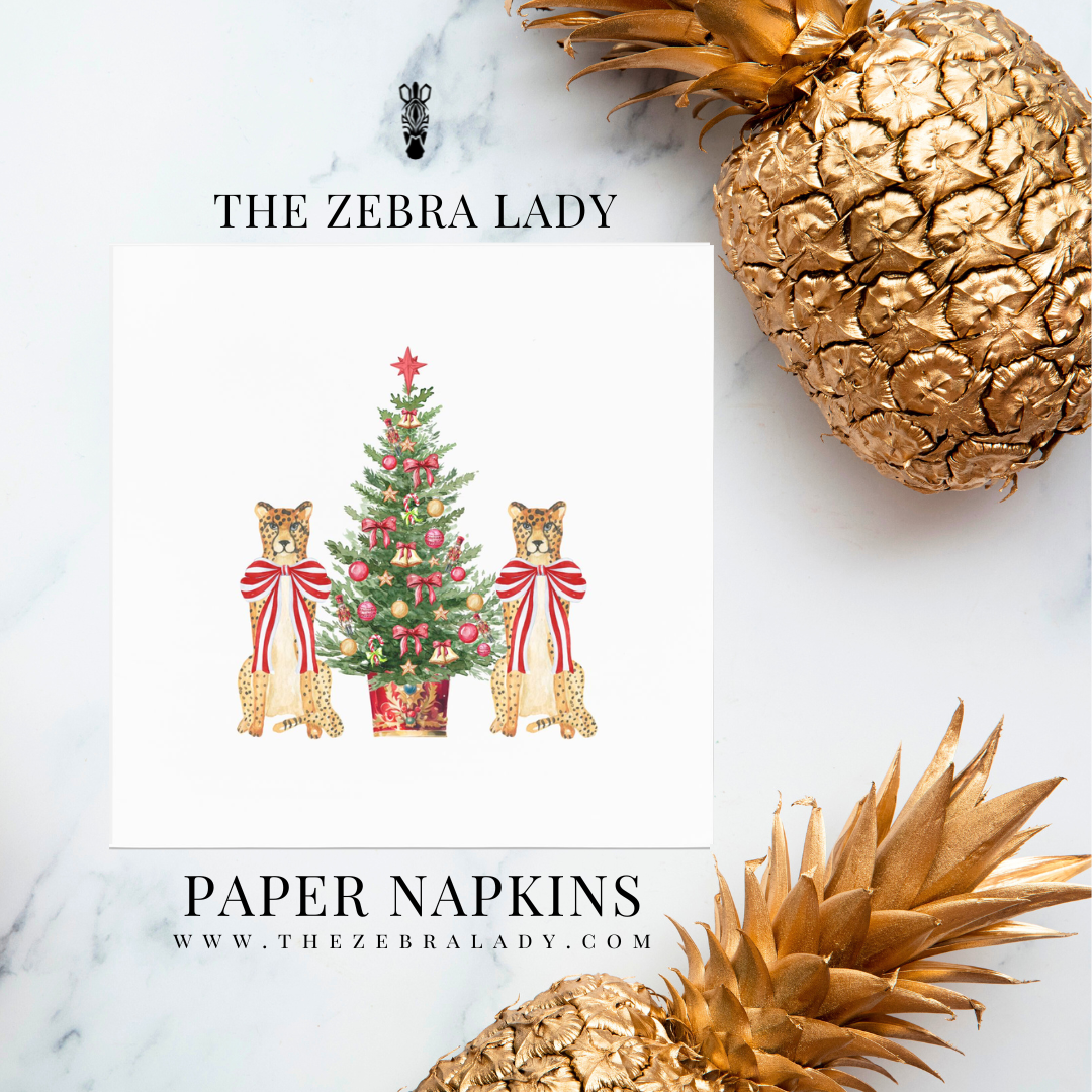 Preppy Red Cheetah Leopard Christmas Tree Luncheon & Cocktail Beverage Napkins