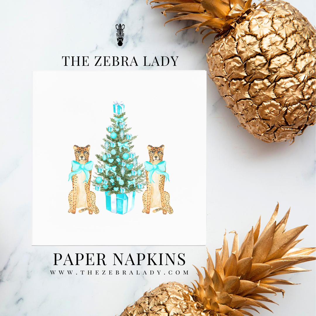 Preppy Breakfast at Tiffany's Cheetah Christmas Tree Leopards Luncheon & Cocktail Beverage Napkins