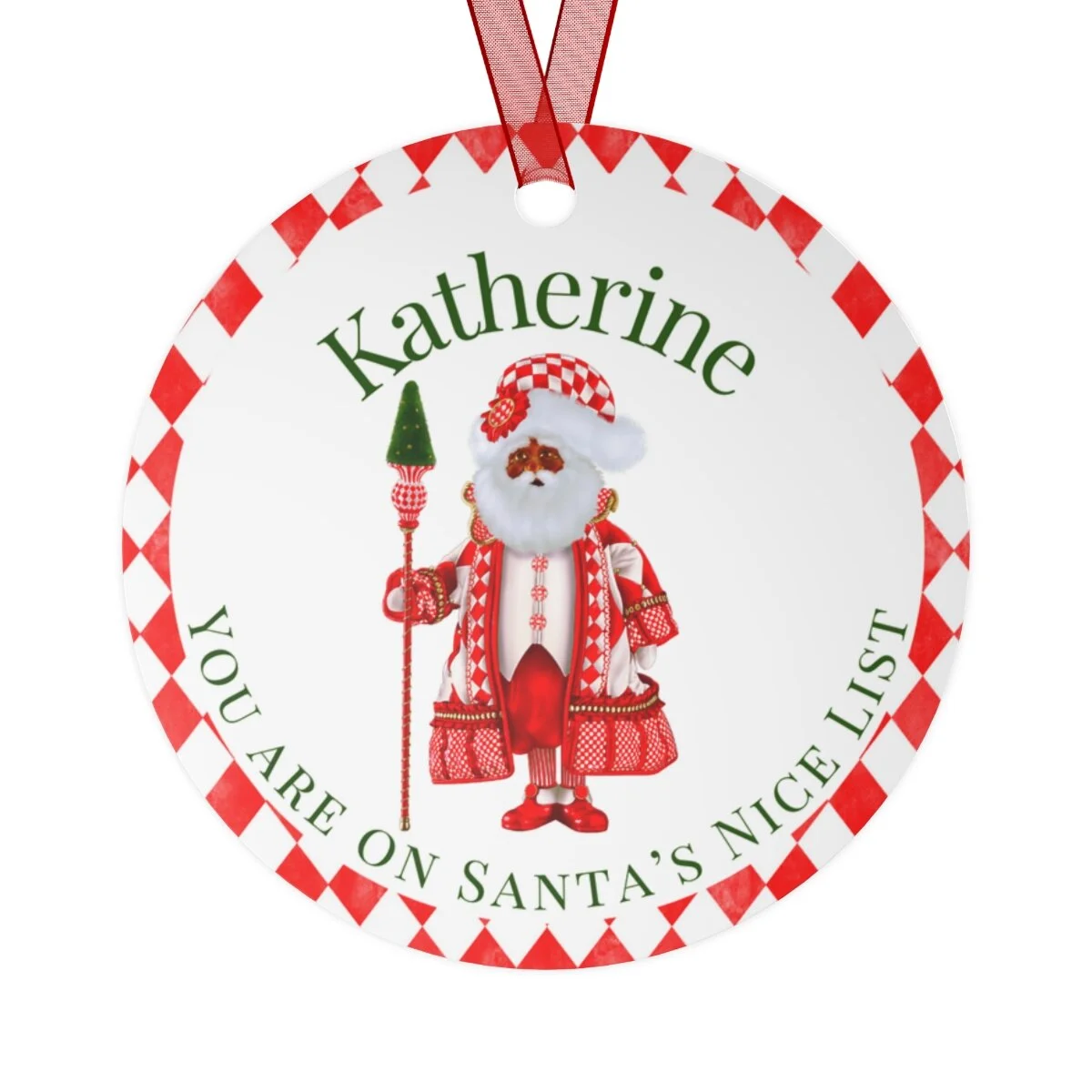 Personalized Preppy Santa Nice List Harlequin Christmas African American Red Metal Ornaments