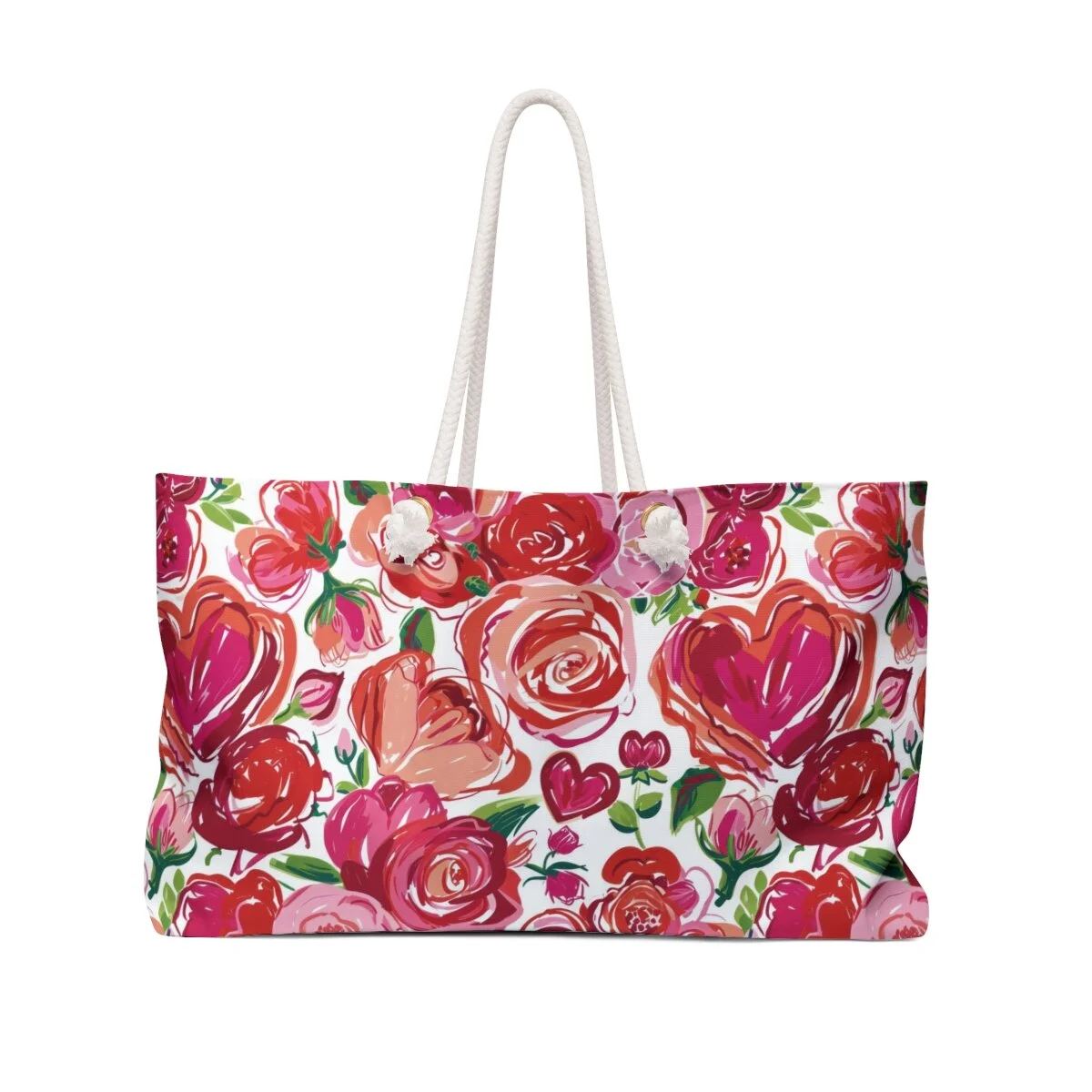 Valentine's Rose and Hearts Rope Handle Tote Weekender Bag
