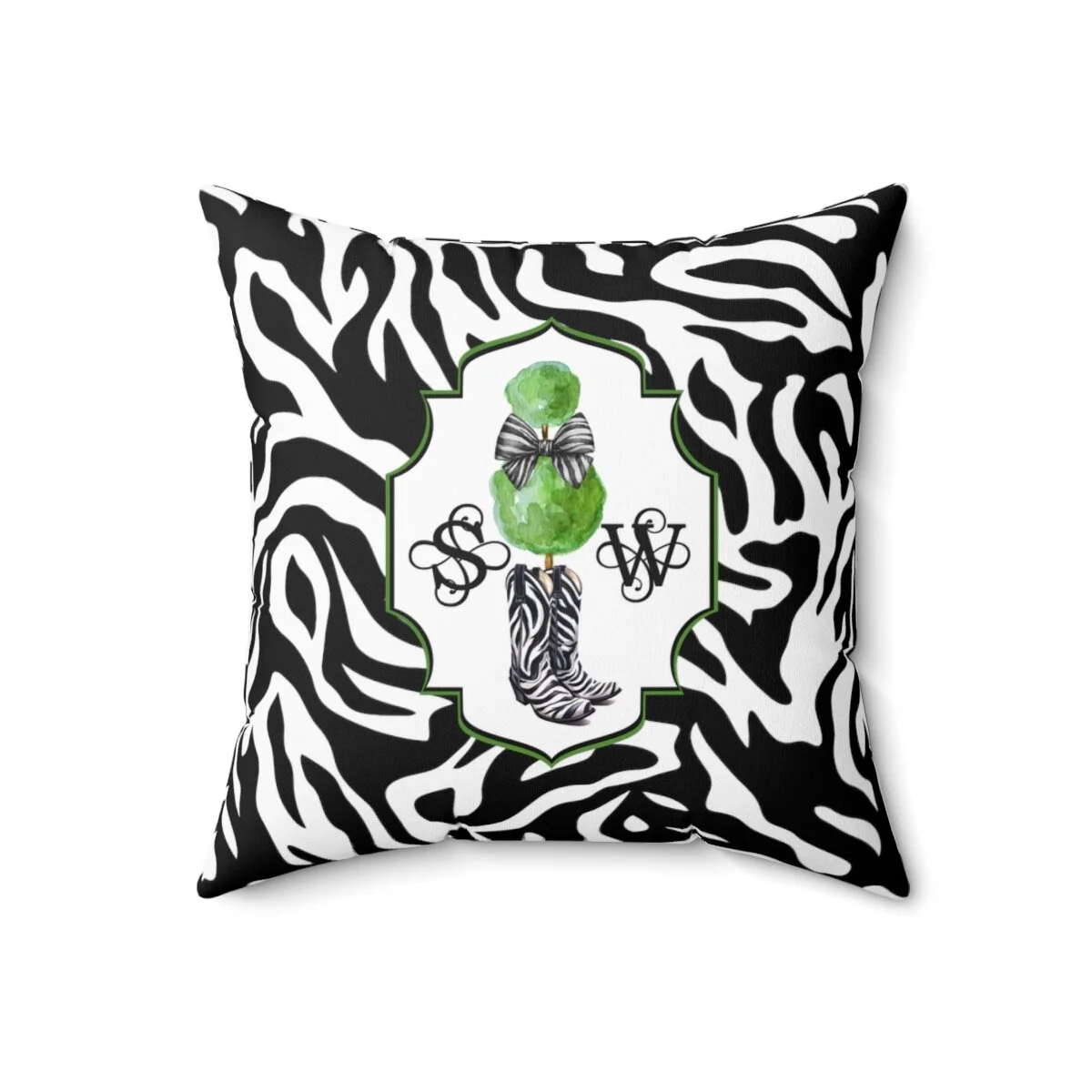 Chinoiserie Preppy Zebra Cowgirl Boots Topiary Monogram Square Pillow  TheZebraLady.com
