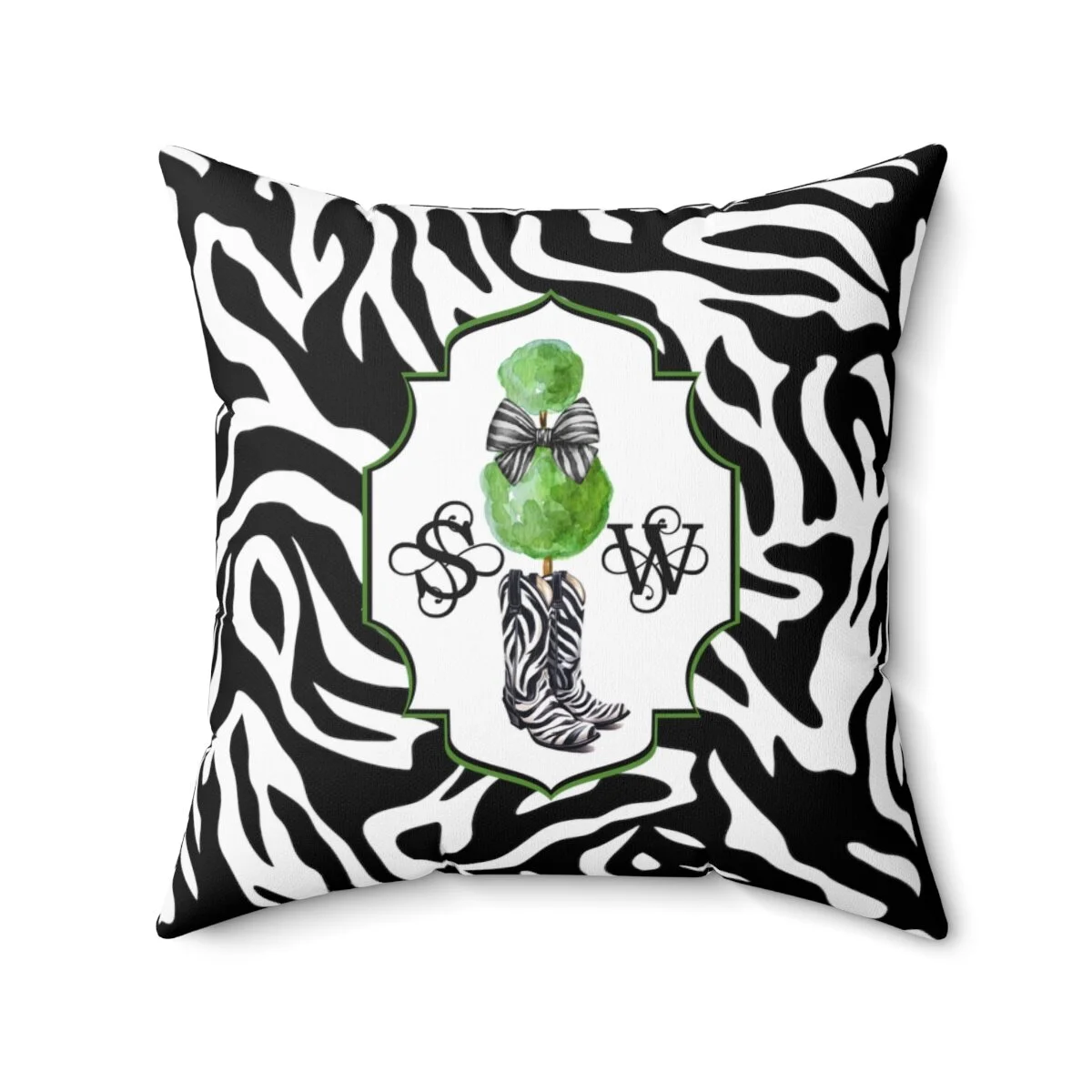 Chinoiserie Preppy Zebra Cowgirl Boots Topiary Monogram Square Pillow