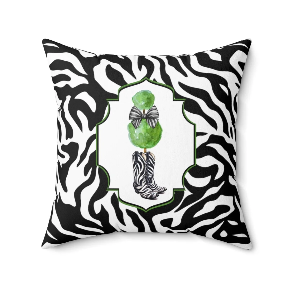 Chinoiserie Preppy Zebra Cowgirl Boots Topiary Square Pillow