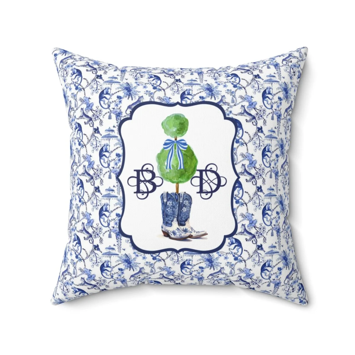 Chinoiserie Preppy Blue Cowgirl Boots Topiary Monogram Square Pillow
