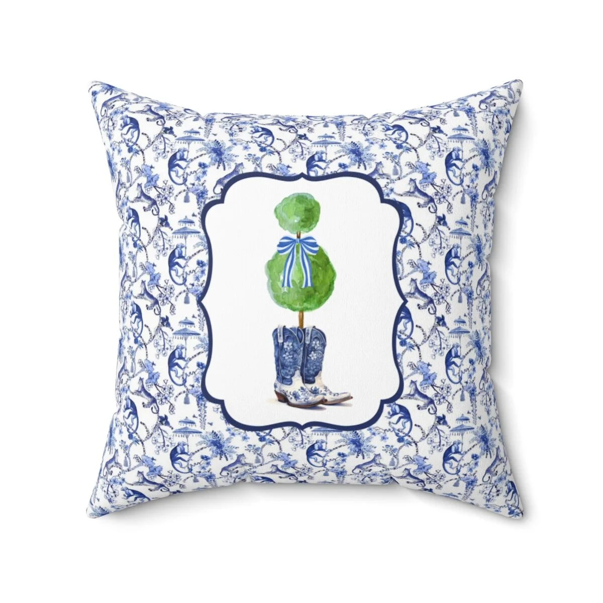 Chinoiserie Preppy Blue Cowgirl Boots Topiary Square Pillow
