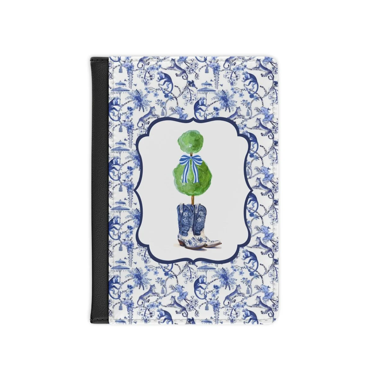 Chinoiserie Preppy Blue Cowgirl Boots Topiary Passport Cover