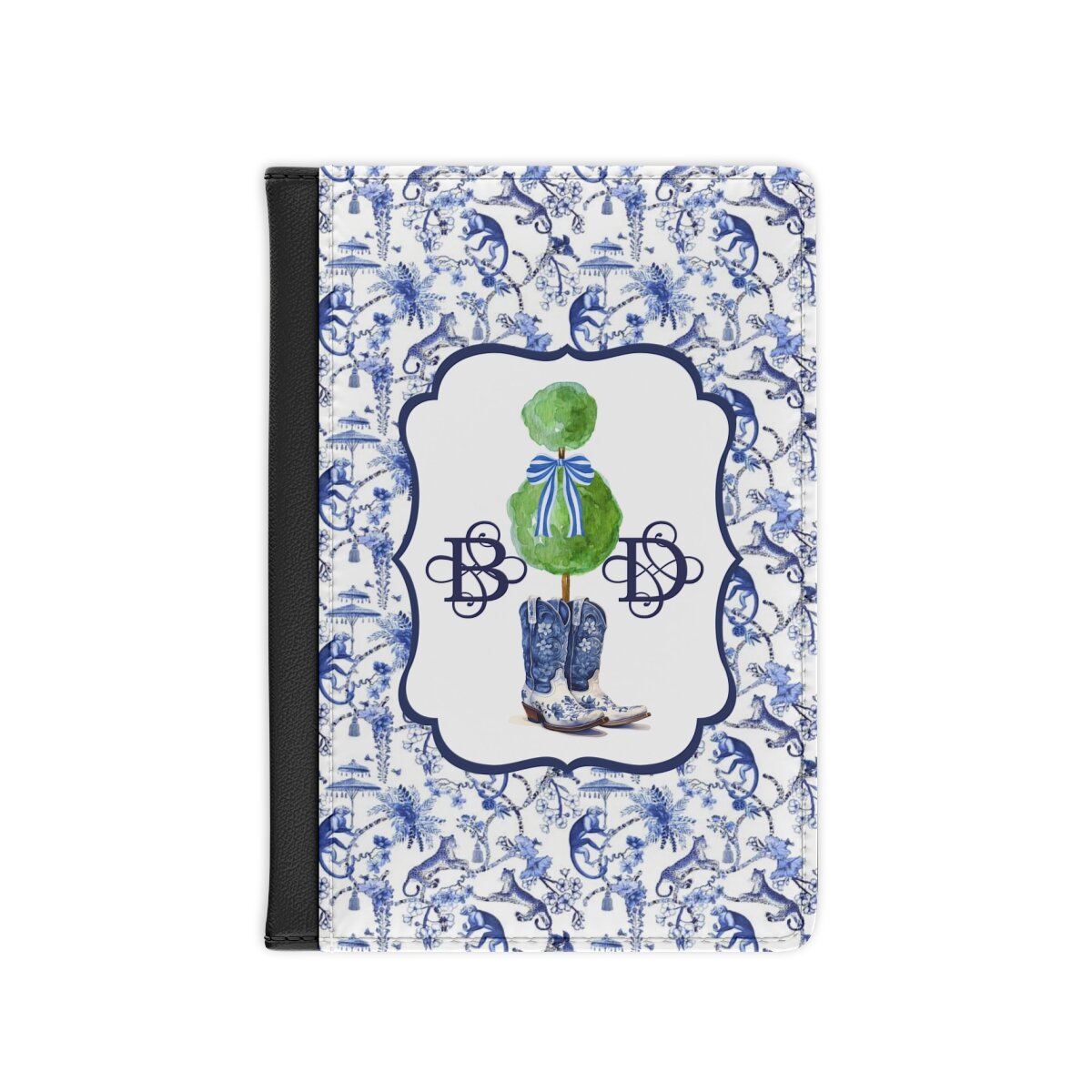 Chinoiserie Preppy Blue Cowgirl Boots Topiary Monogram Passport Cover