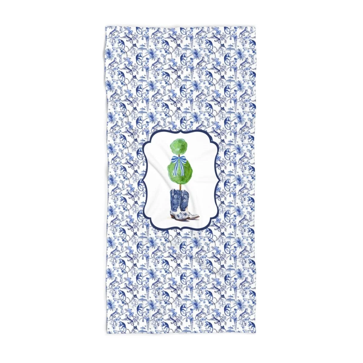 Chinoiserie Preppy Blue Cowgirl Boots Topiary Beach Towel