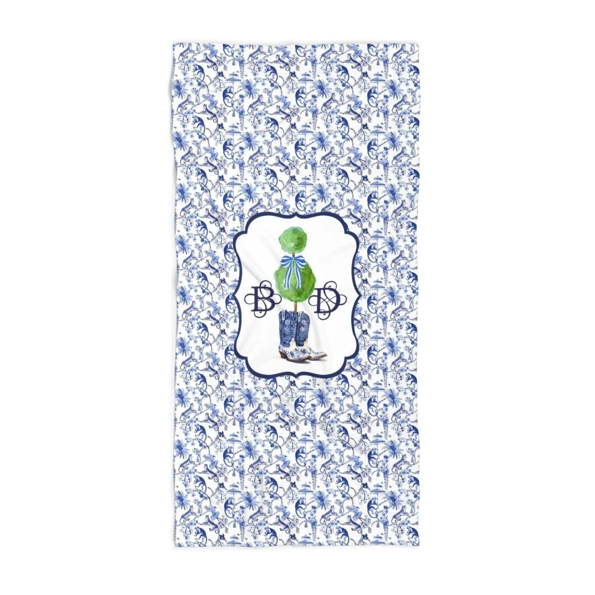 Chinoiserie Preppy Blue Cowgirl Boots Topiary Monogram Beach Towel