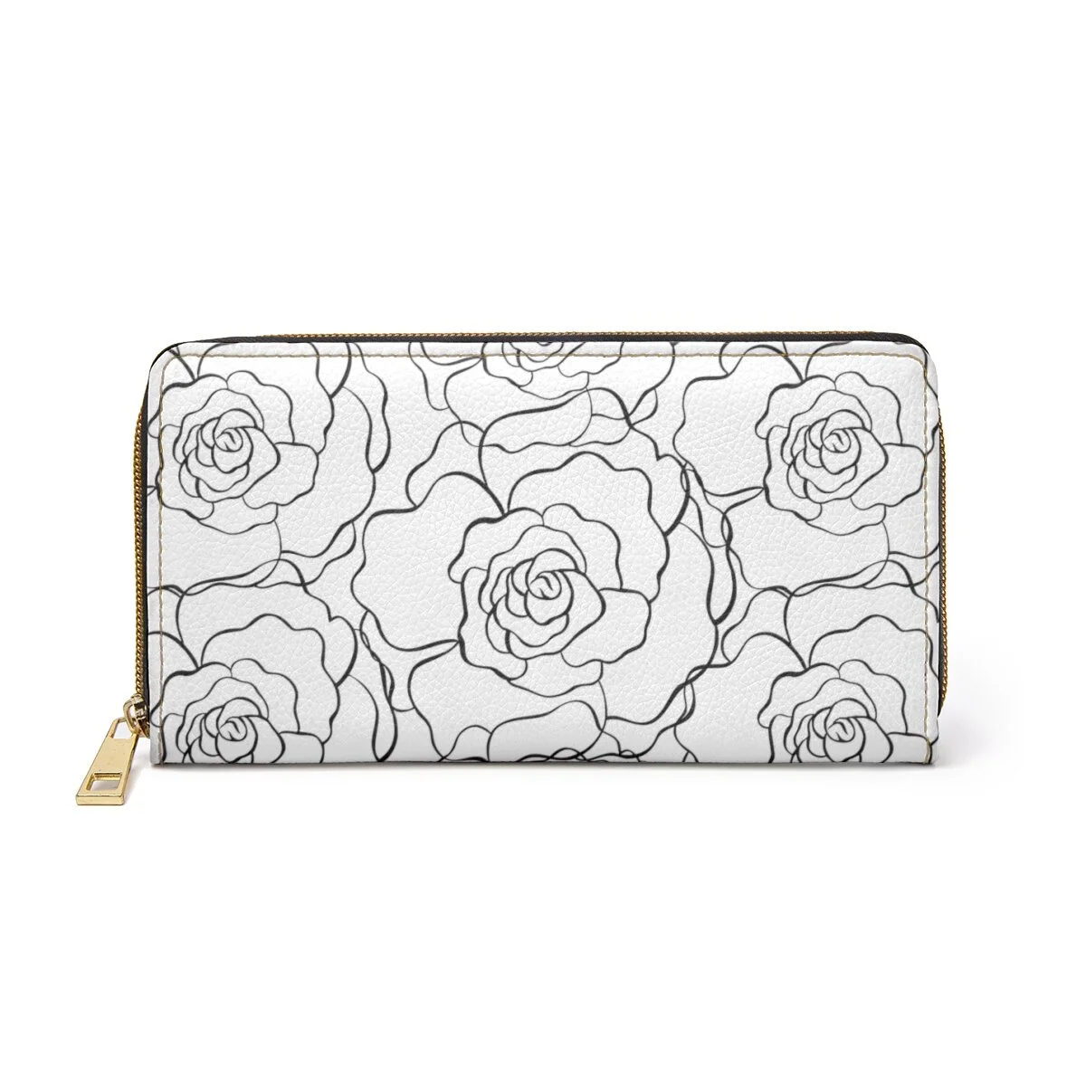 Fashion White Black Flower Outline Camellia Rose Zipper Wallet