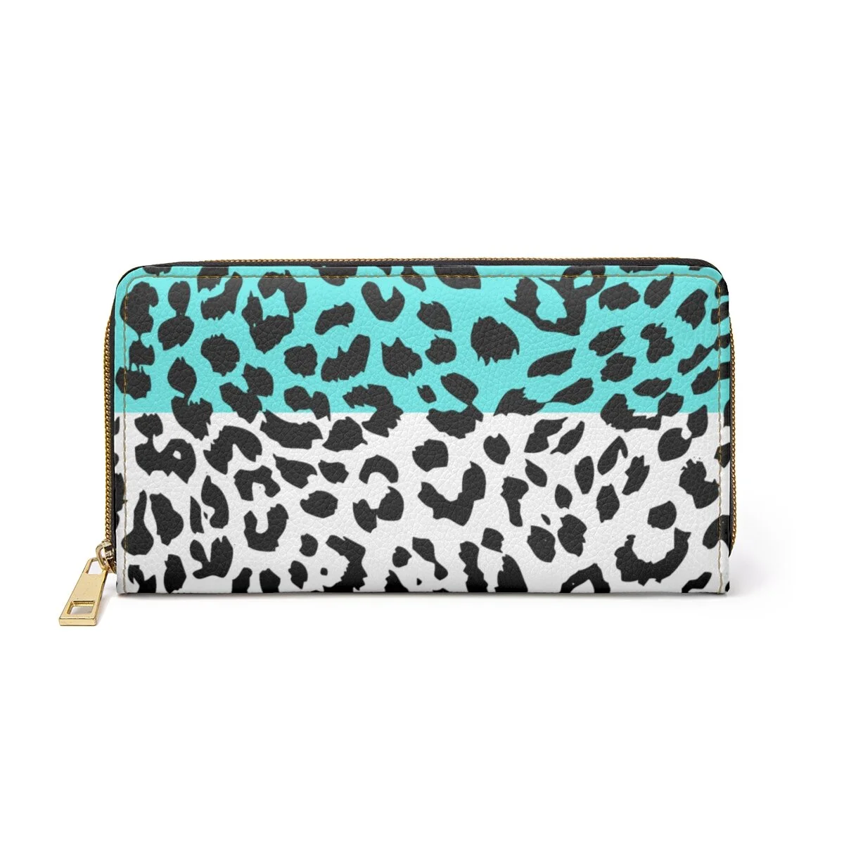 Aqua White Color Block Leopard Print Zipper Wallet