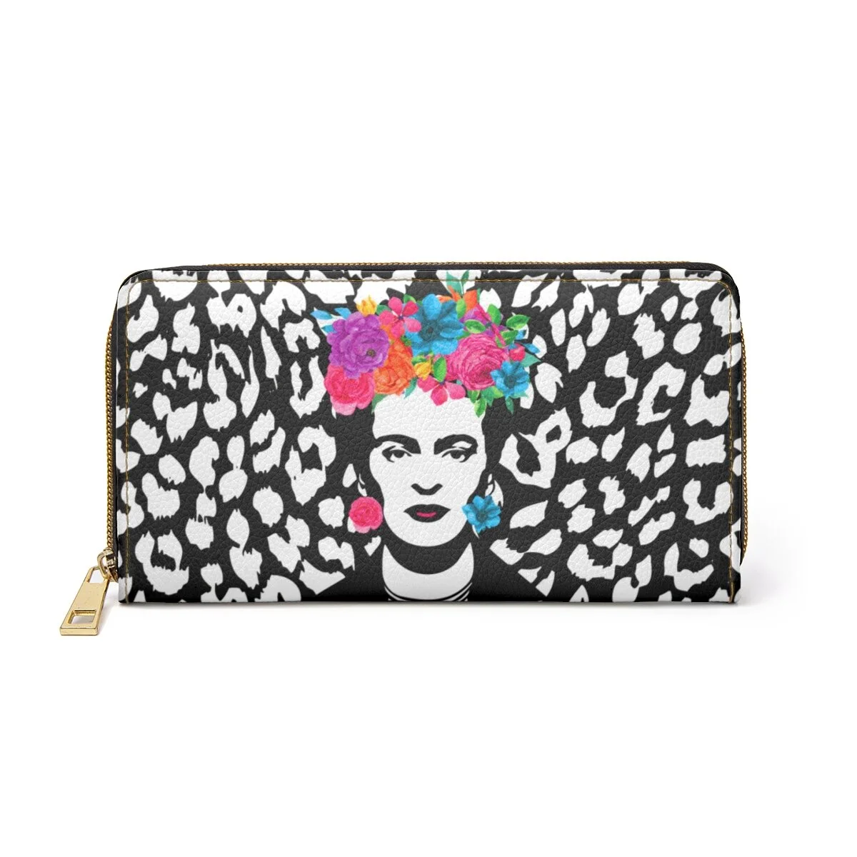 Frida Kahlo Leopard Flowers Black Zipper Wallet