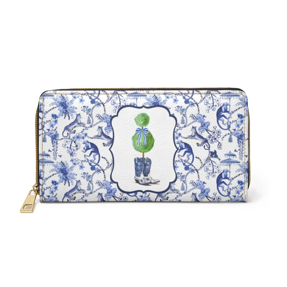 Chinoiserie Preppy Blue Cowgirl Boots Topiary Zipper Wallet