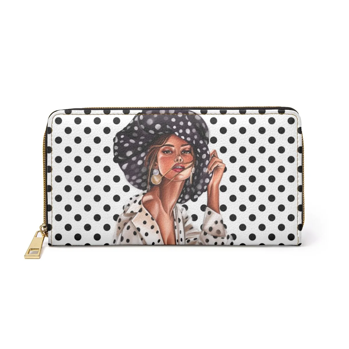 Fashion Sun Hat Girl Illustration Polka Dots  Zipper Wallet
