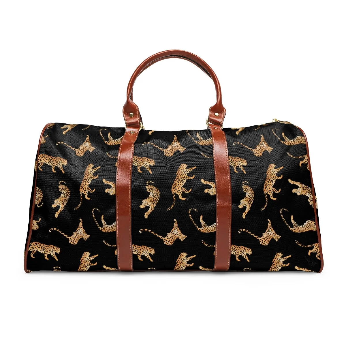 Leopard Cats Black Bag Brown Strap Trim Waterproof Travel Bag