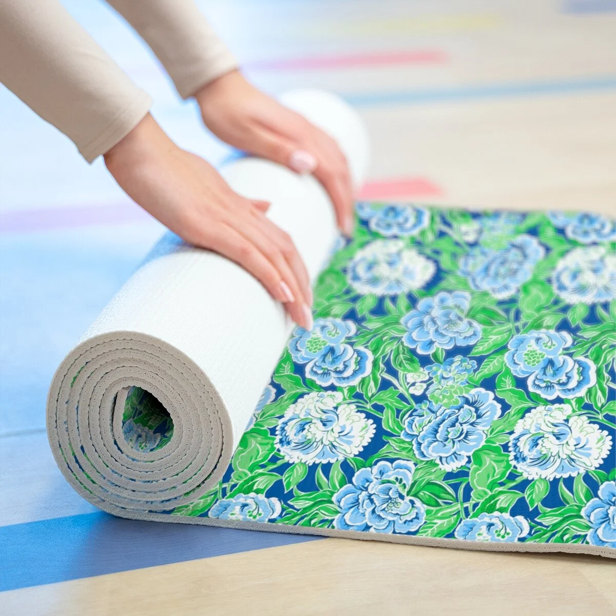 Preppy Chinoiserie Blue Green Flowers Foam Yoga Mat