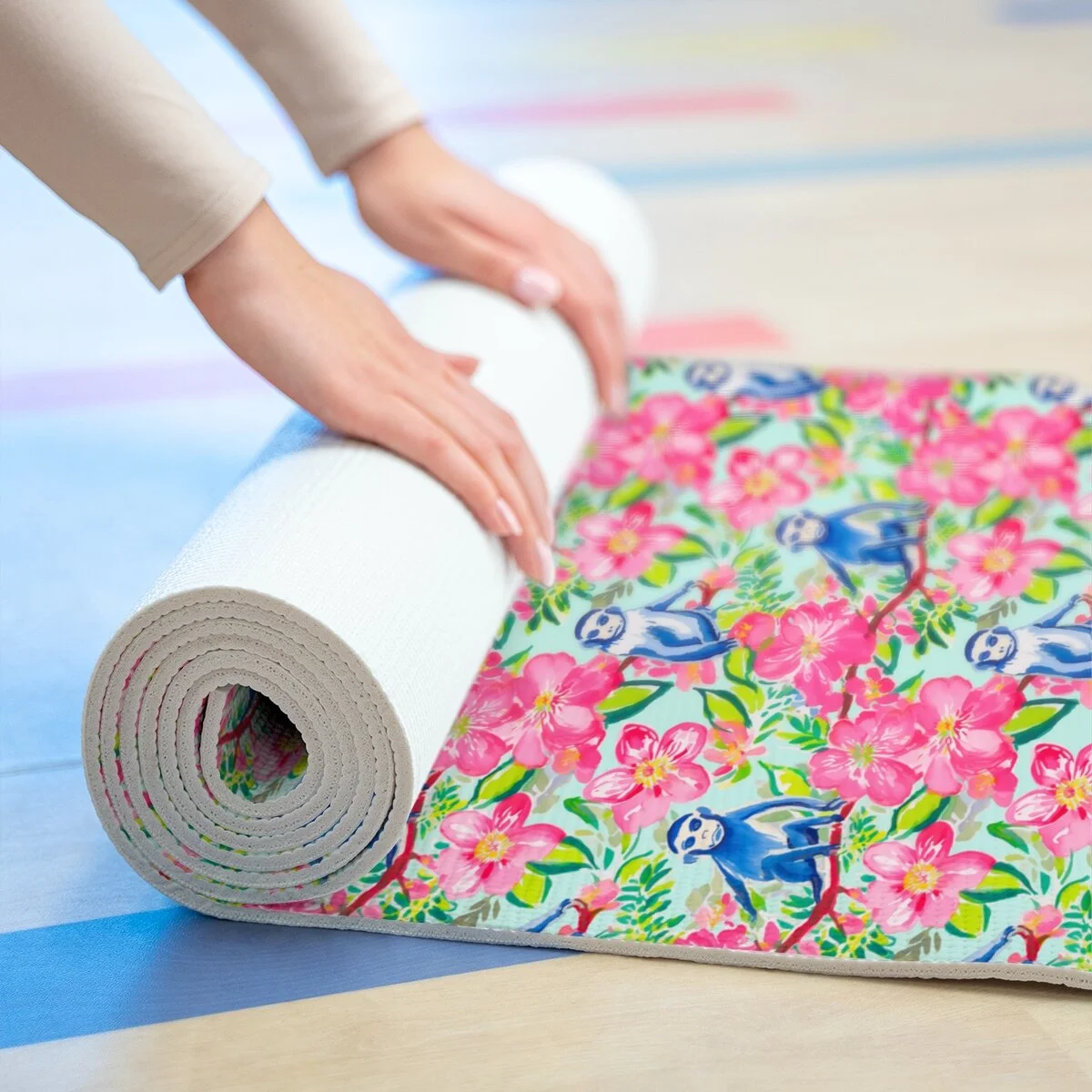 Preppy Chinoiserie Tropical Blue Monkey Foam Yoga Mat