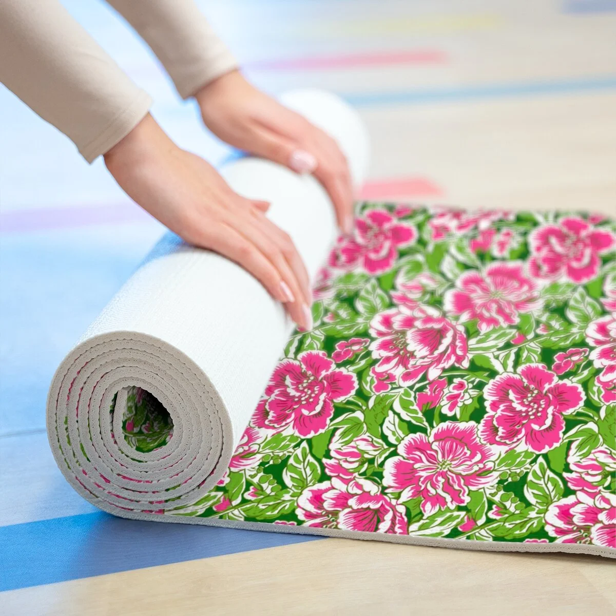 Preppy Chinoiserie Pink Green Flowers Foam Yoga Mat