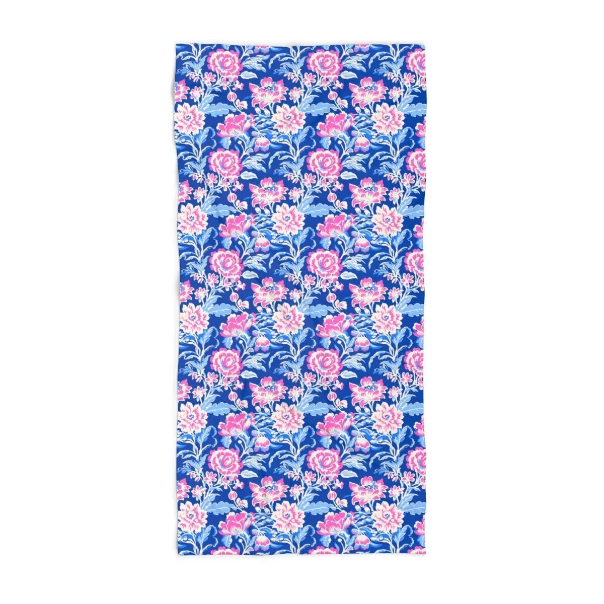 Preppy Chinoiserie Blue Pink Flowers Beach Towel