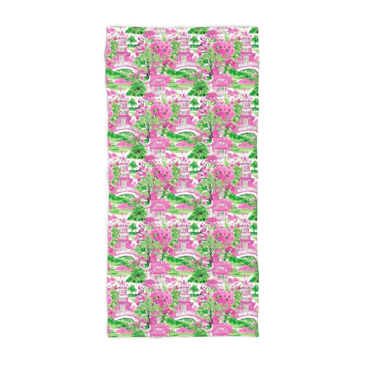 Preppy Chinoiserie Pagoda Green Pink Beach Towel