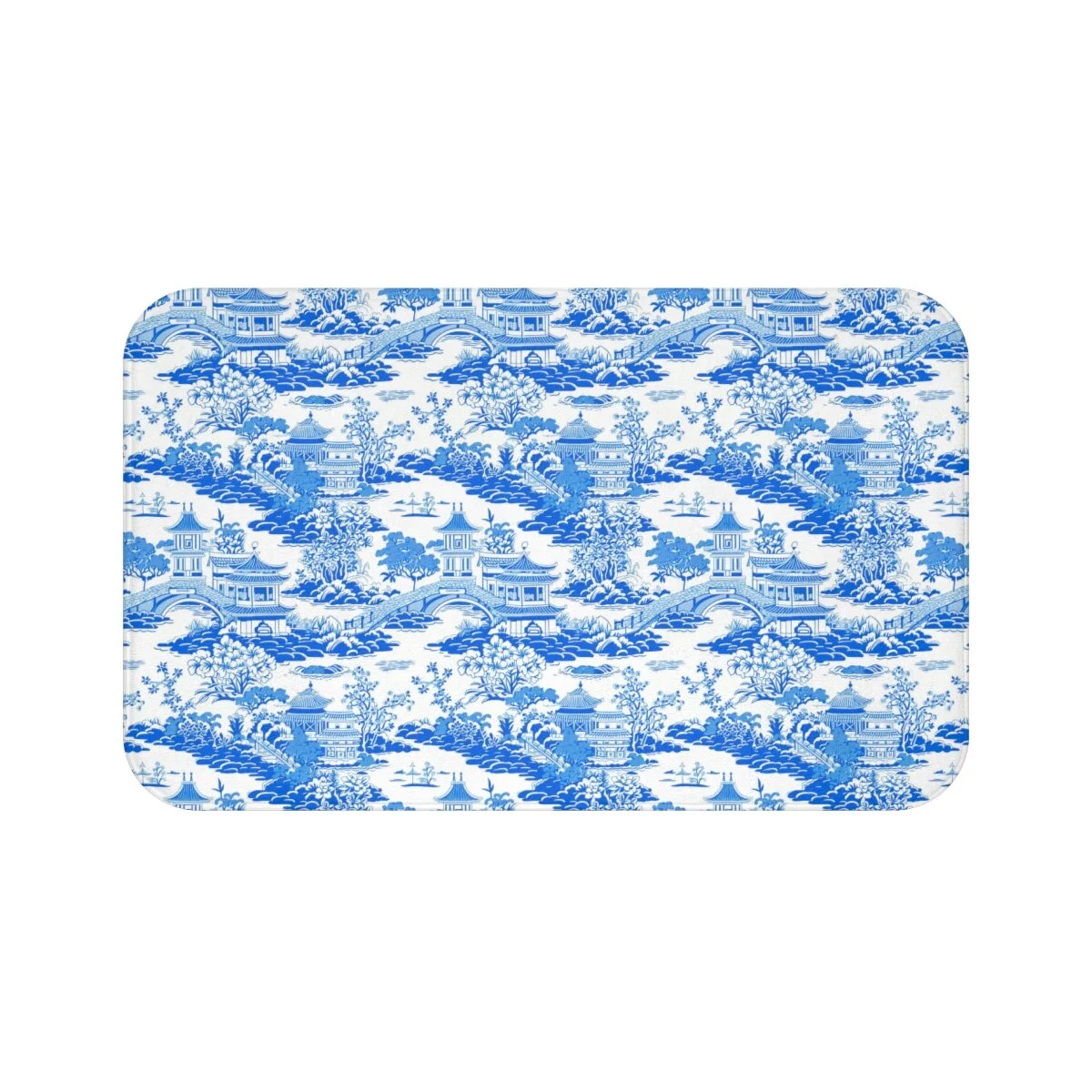 Preppy Chinoiserie Pagoda Blue White  Bath Mat