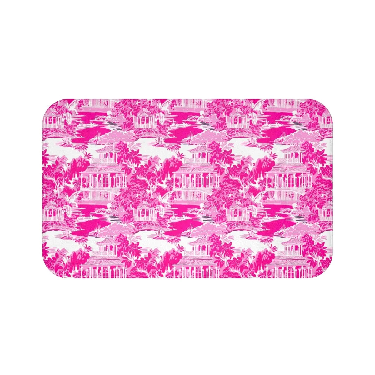 Preppy Chinoiserie Pagoda Pink White Bath Mat