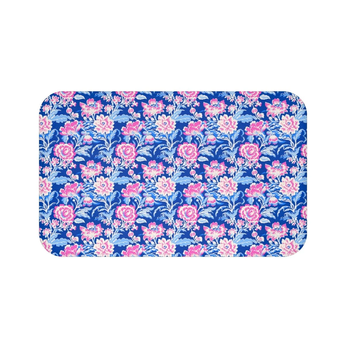 Preppy Chinoiserie Blue Pink Flowers  Bath Mat