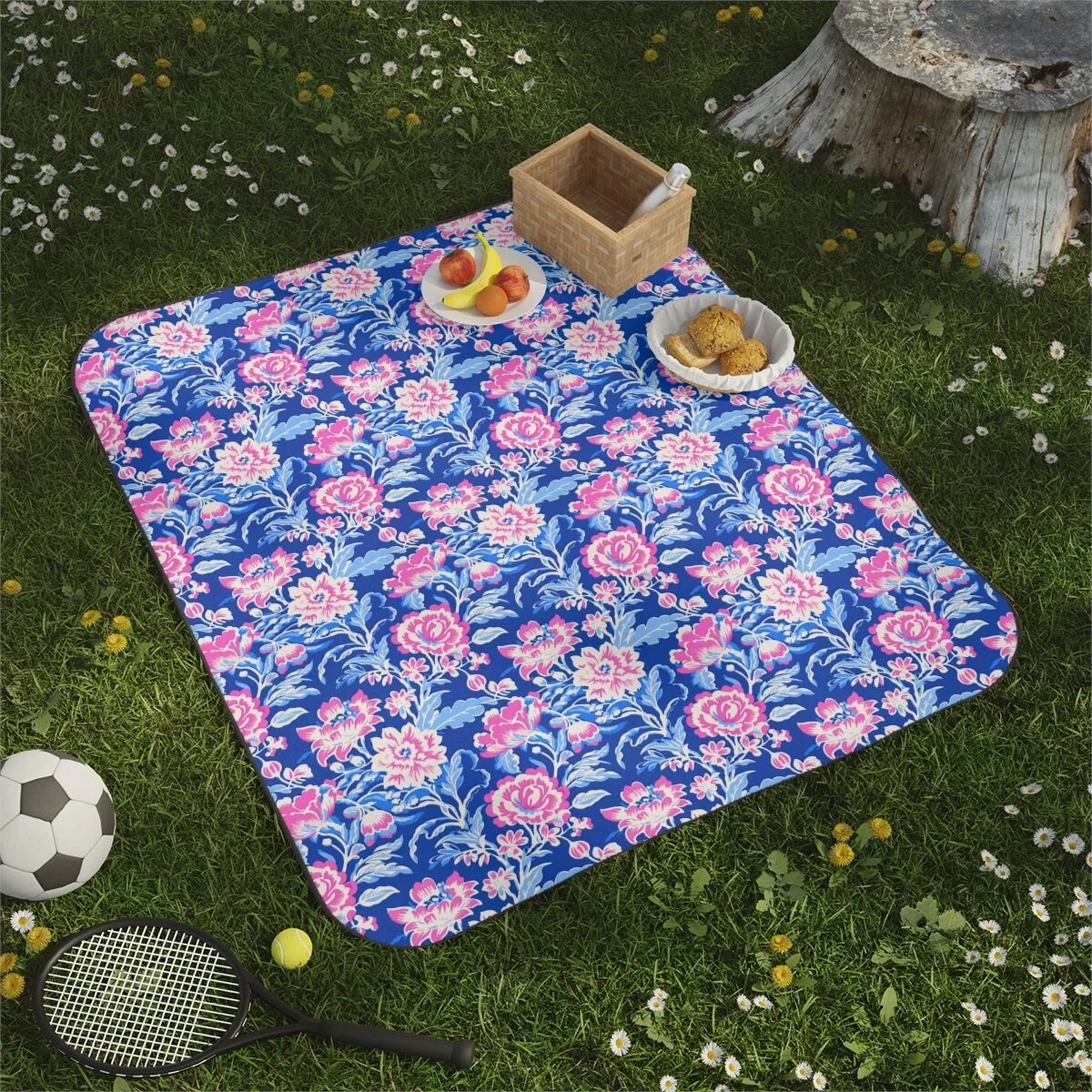 Preppy Chinoiserie Blue Pink Flowers Picnic Blanket