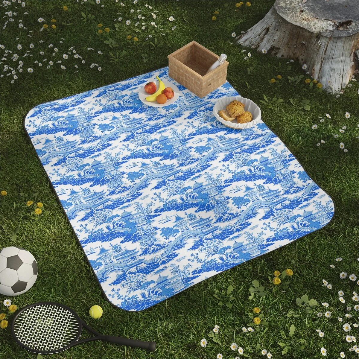 Preppy Chinoiserie Pagoda Blue White Picnic Blanket