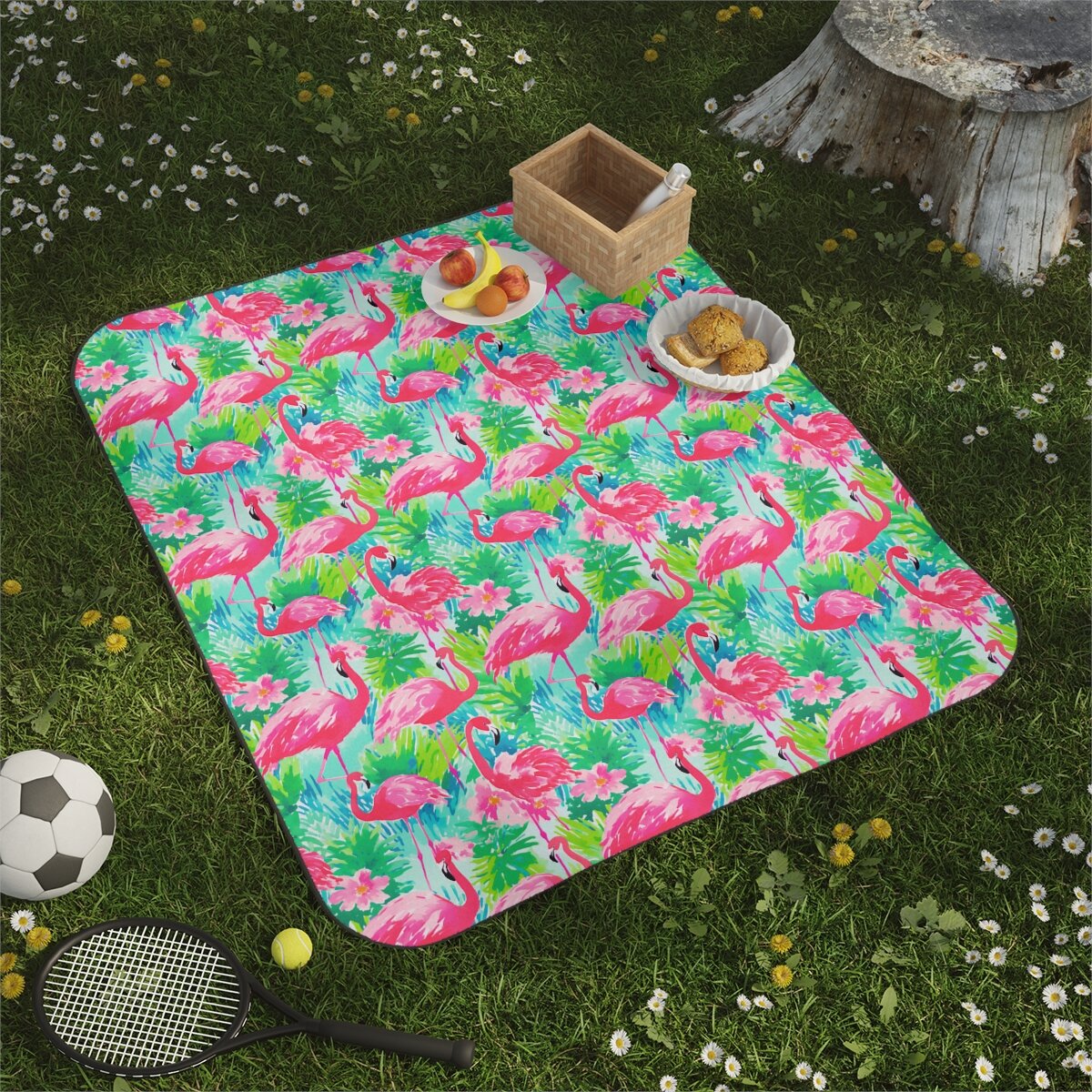 Preppy Tropical Pink Flamingos Picnic Blanket