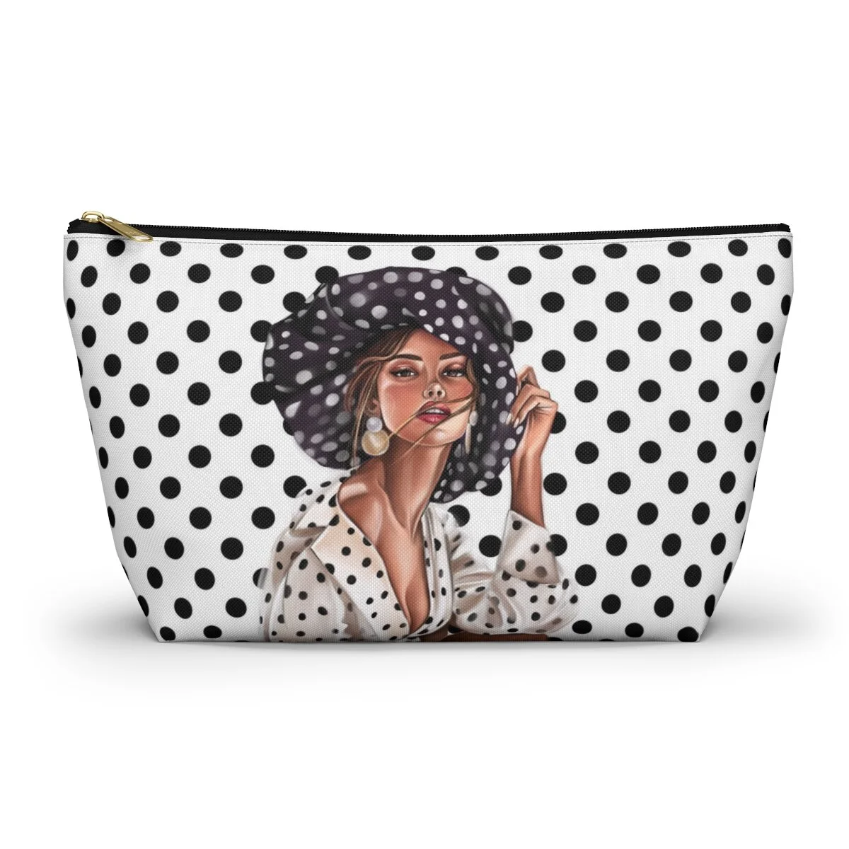 Fashion Sun Hat Girl Illustration Polka Dots Accessory Pouch w T-bottom