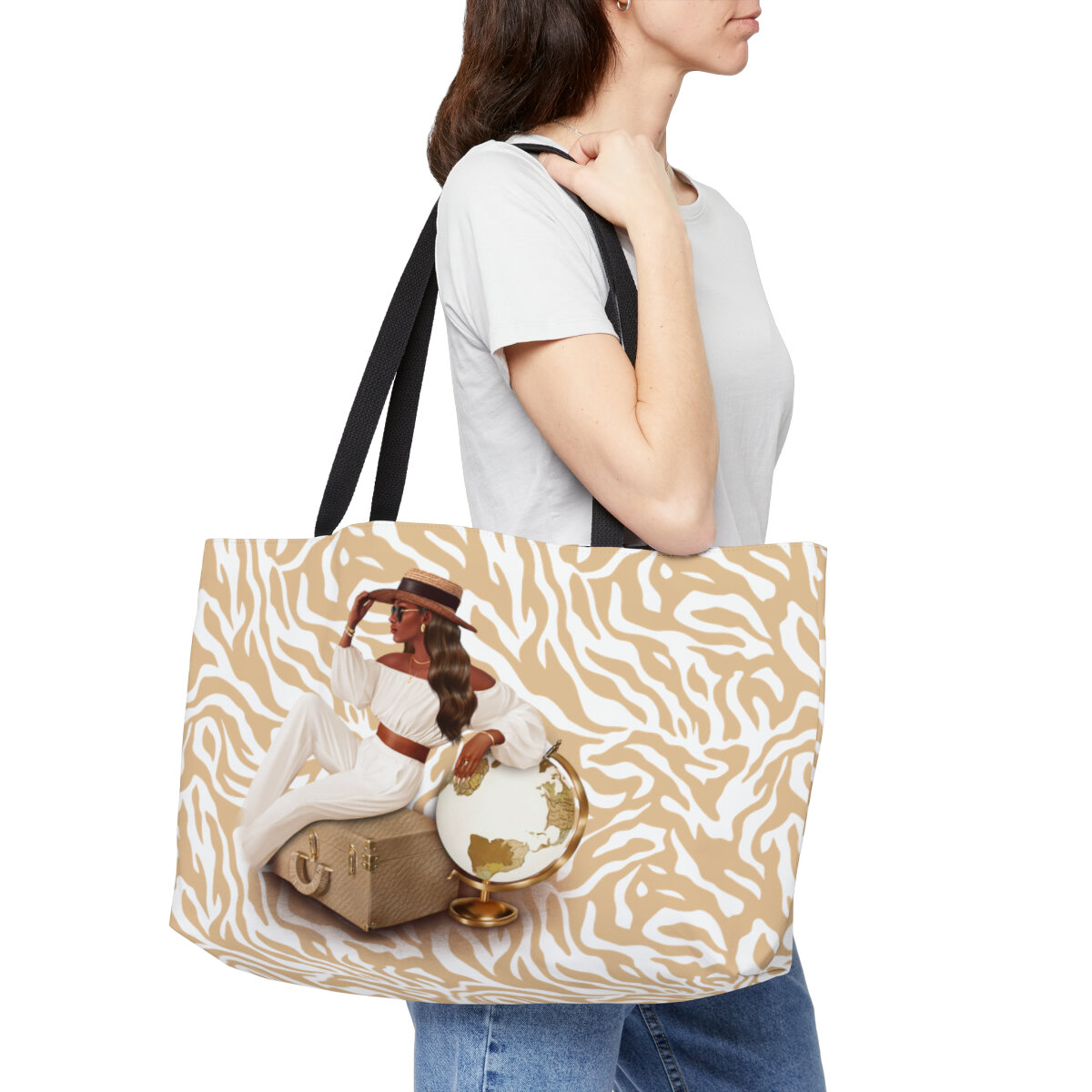 Travel Fashion African American Girl Long Dark Hair Tan Zebra Weekender Tote Bag