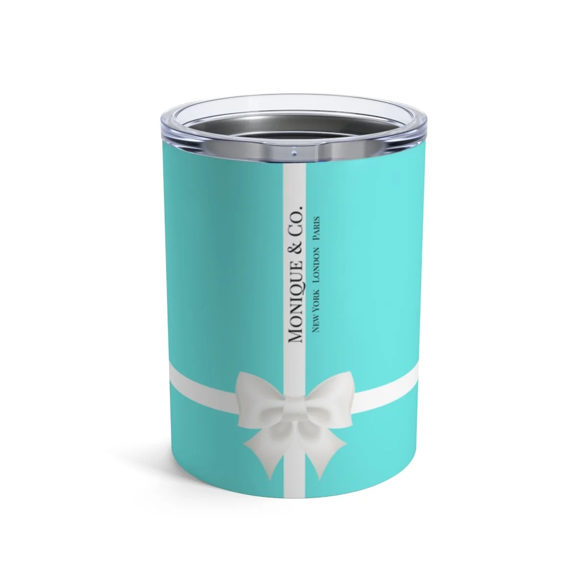 Personalized Breakfast at  Tiffany's  Side White Bow Aqua Tumbler 10oz