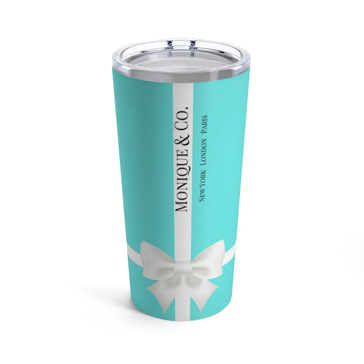Personalized Breakfast at  Tiffany's  Side White Bow Aqua Tumbler 20oz